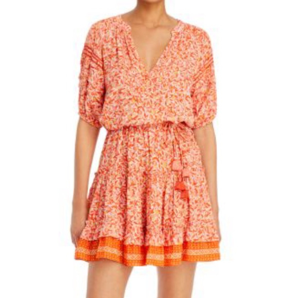 Poupette St. Barth Bona V-Neck Mini Dress Orange & Yellow Fruit Print Sz. M